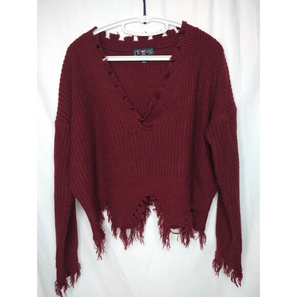 LU NYC V-Neck Crop Sweater Size XL Fringe Grunge Distressed Shredded ChewedDistr - Picture 1 of 13